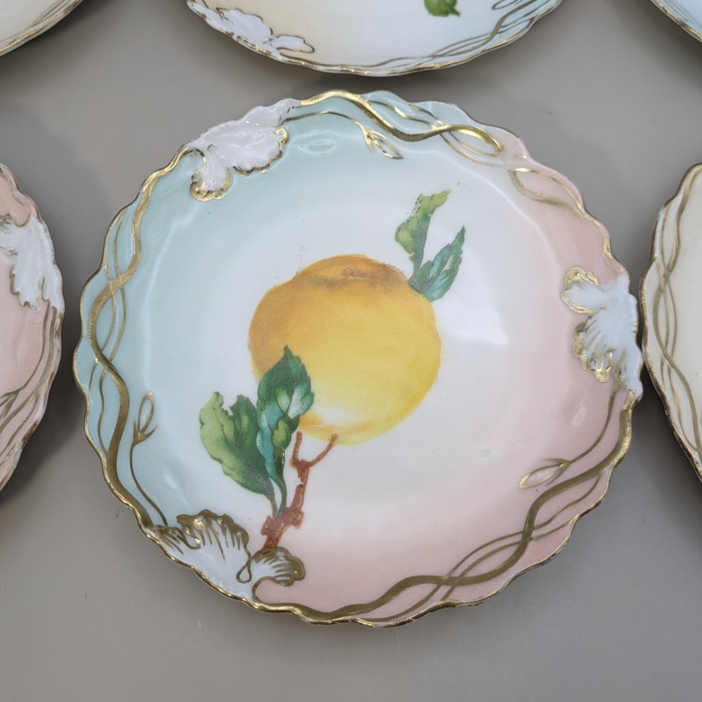 Antique Wheelock Vienna Austria Pomona Fruit Plates Set of 6 Gold Gilt Scalloped - Picture 4 of 13